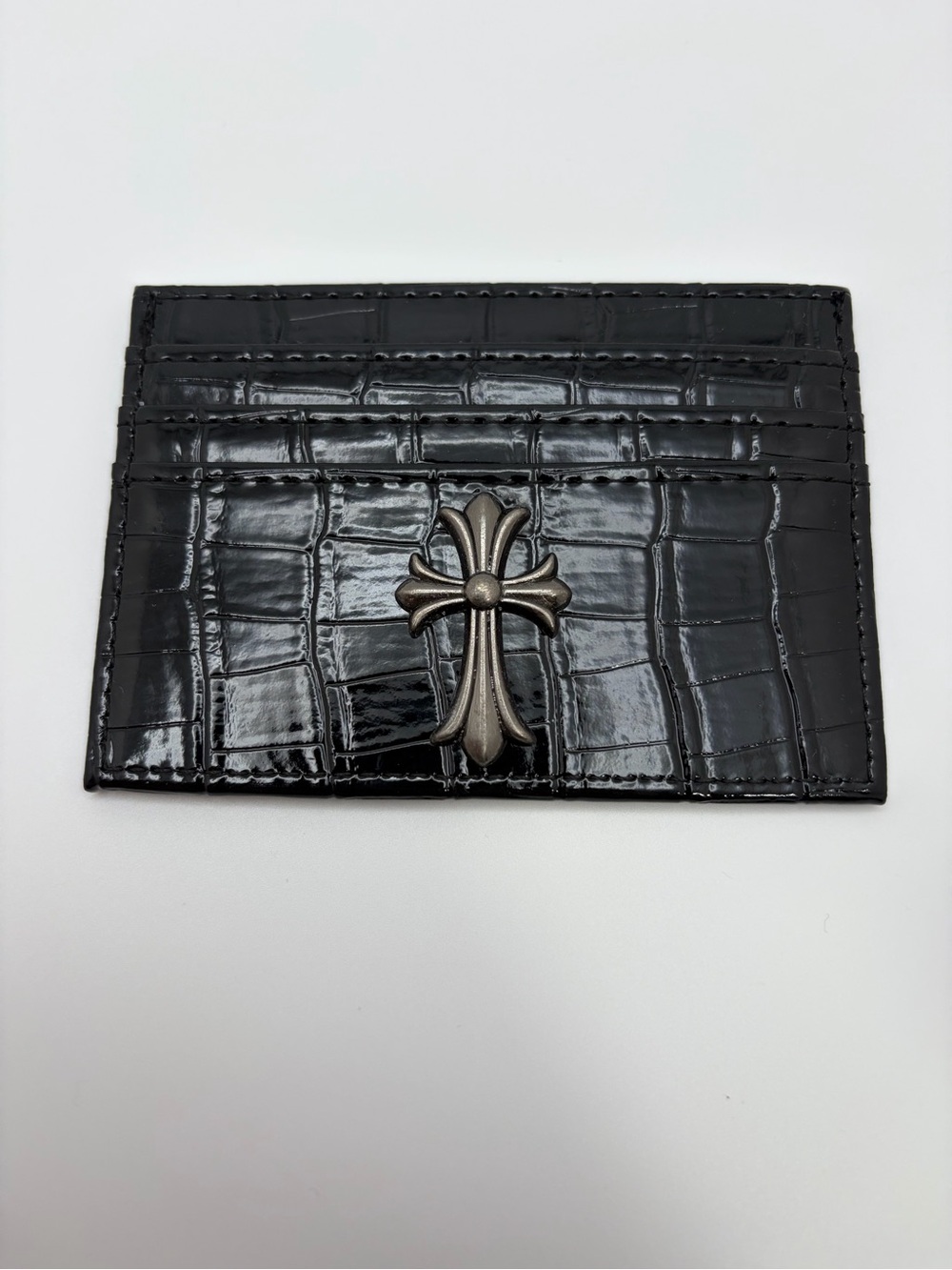 Croc-Embossed Black Card Holder with Metal Cross Accent